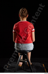 Whole Body Woman White Shirt Jeans Shorts Average Sitting Studio photo references